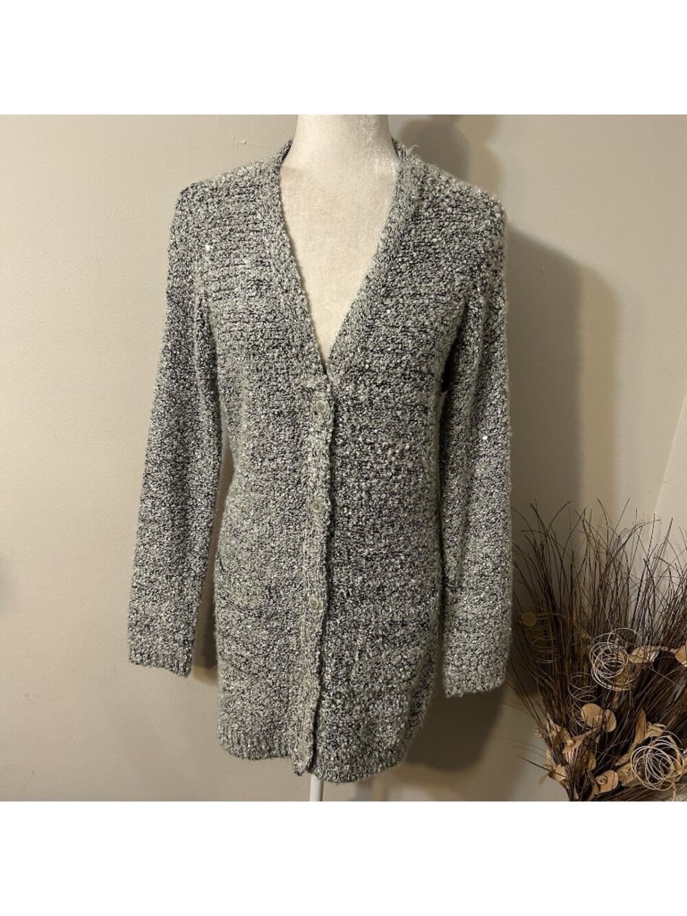 New Lapis Women Heather Gray Cardigan Sweater Button Up Sequins Pockets Sz L